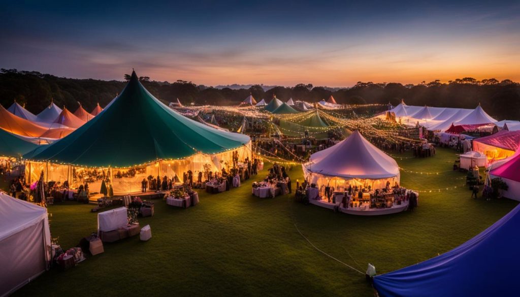 An aerial view of event hire tents at a festival at dusk.