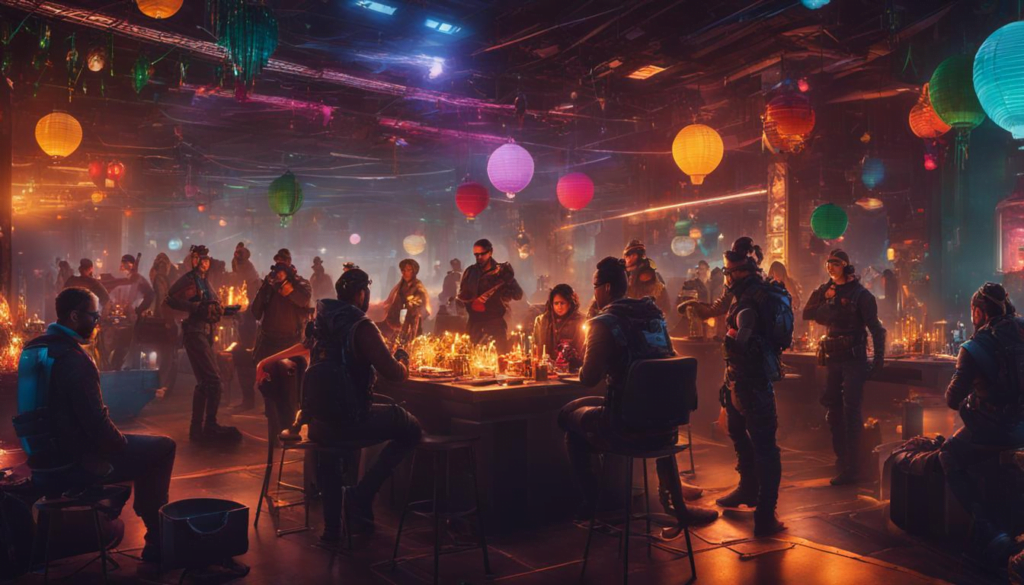 A group of people sitting at tables in a themed dark room for a dynamic and unforgettable year end function.