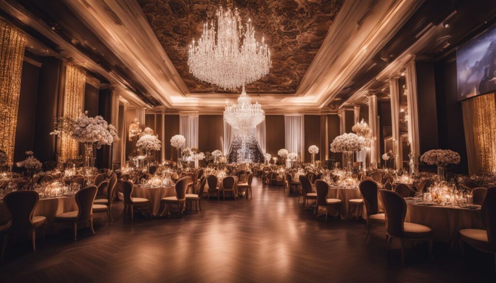 A wedding reception in a large ballroom with chandeliers.