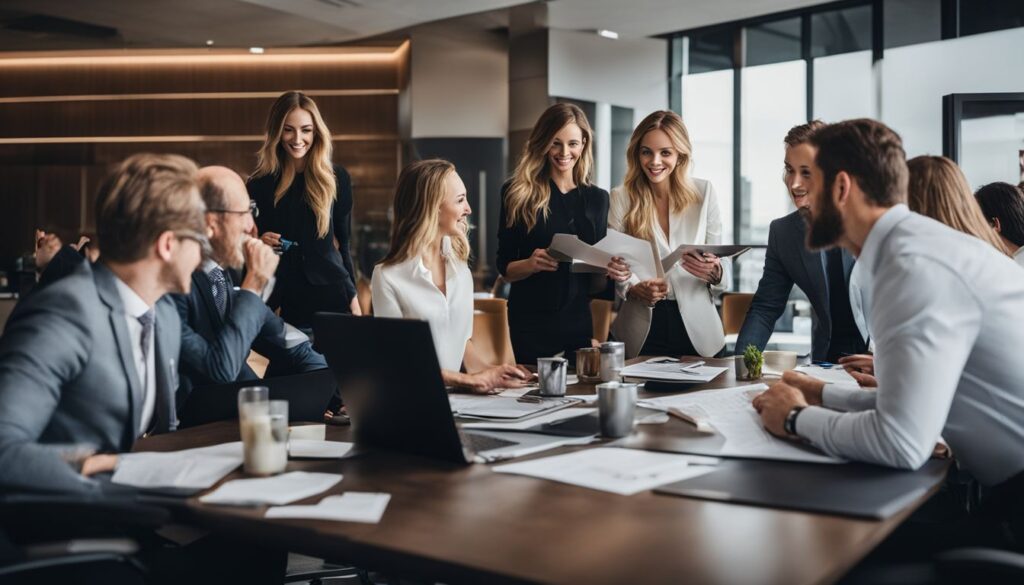 A group of business people sitting around a conference table.
