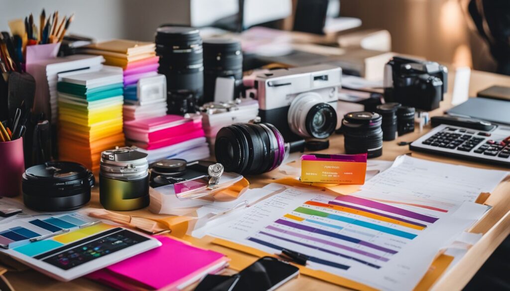 A desk with a lot of different items on it.