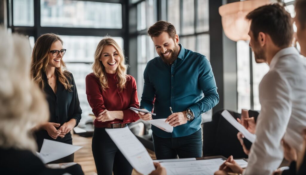 A group of business people working together in an office.