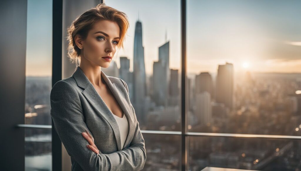A business woman standing in front of a window with a view of the city.