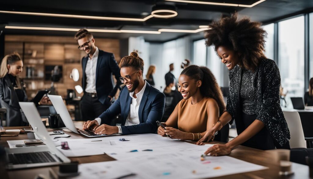 A group of business people working together in an office.