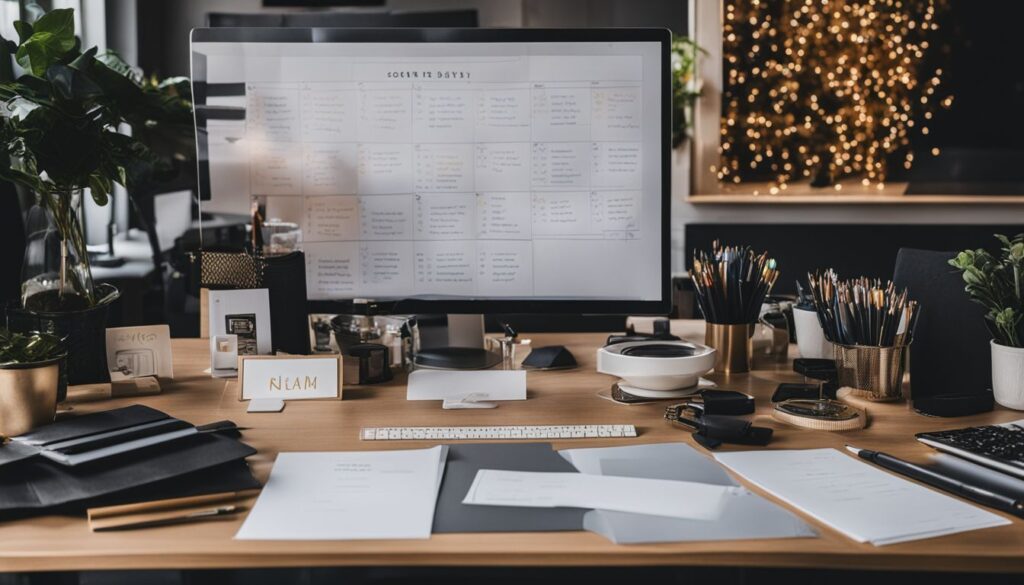 A desk in an office with a calendar and other items on it.