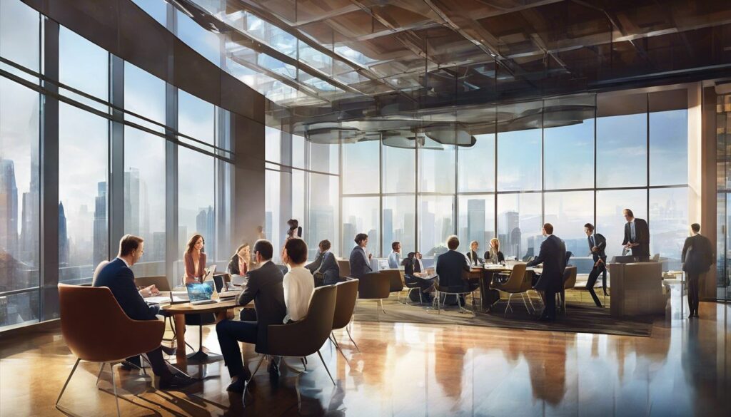 A group of people are sitting in a conference room with large windows.