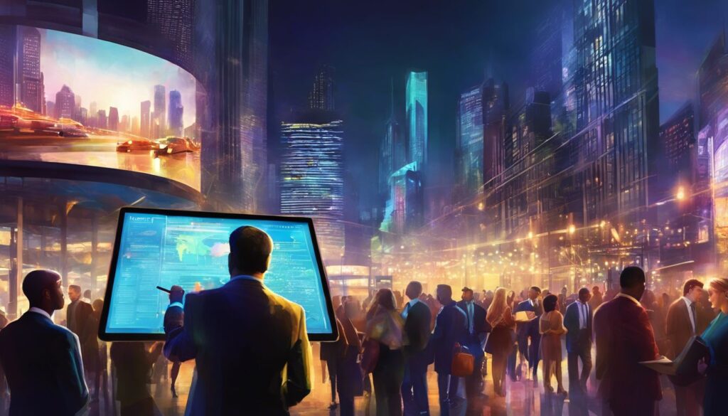 A group of people looking at a computer screen in a city.