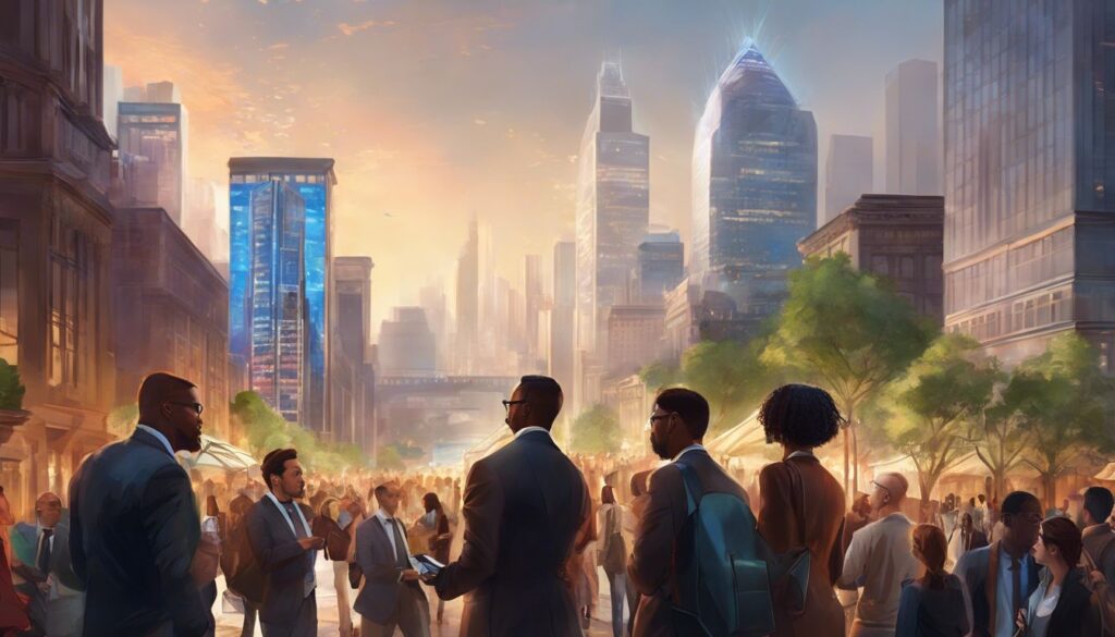 An artist's rendering of people in a city.