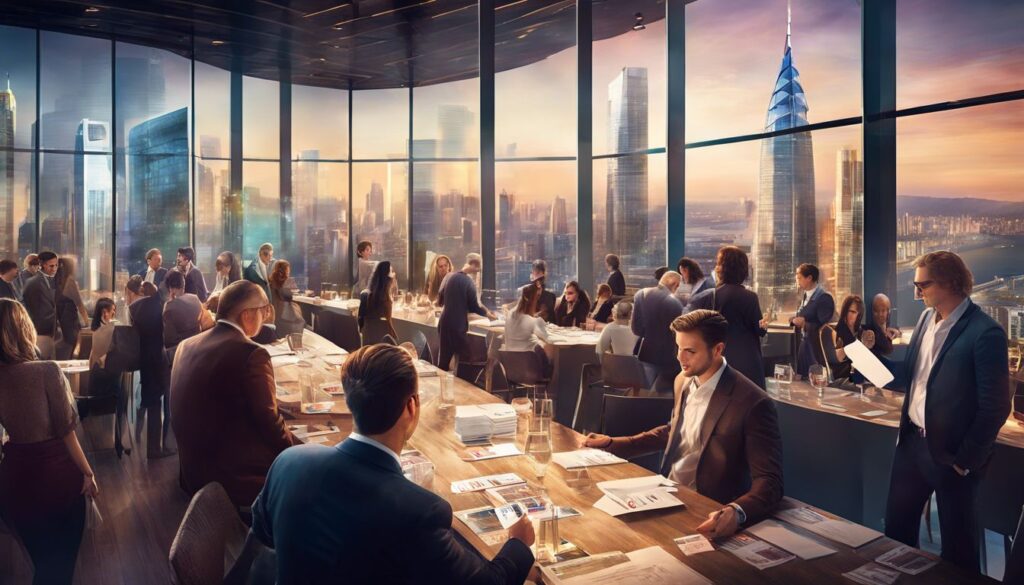 A group of people sitting at tables in a room with large windows.