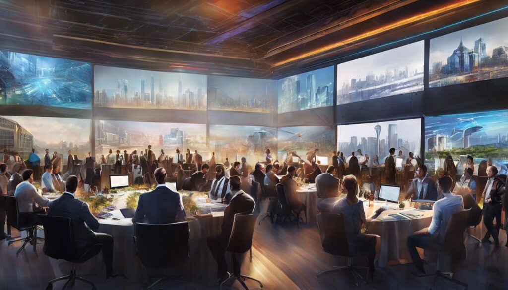 A group of people sitting around tables in a room with large screens.