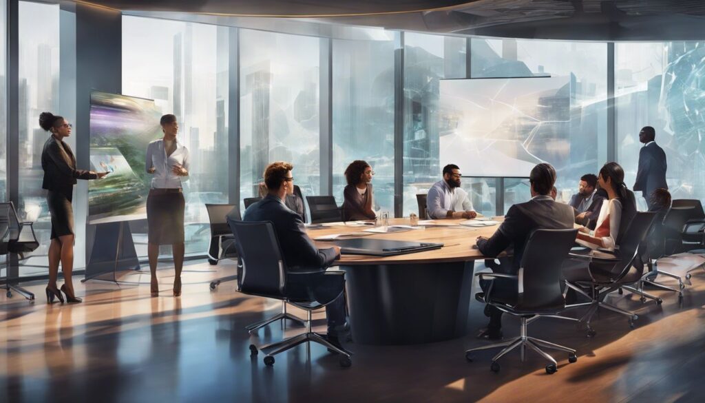 A group of business people in a conference room.