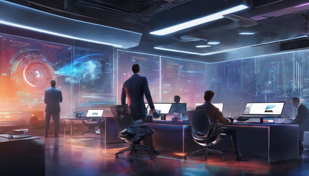A group of people working at computers in a futuristic office.