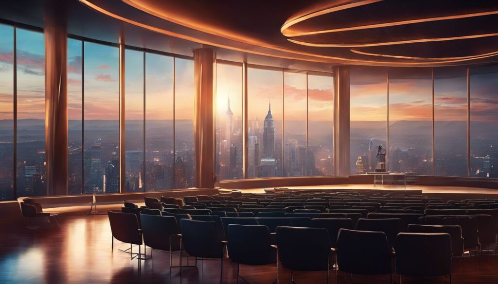 An auditorium with large windows overlooking a city.