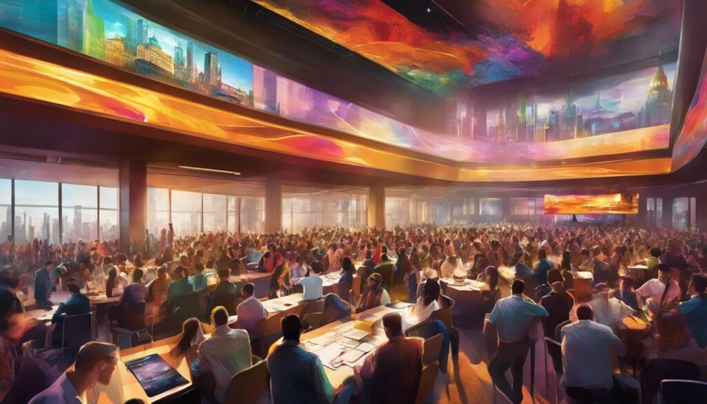 An artist's rendering of a crowd of people in a casino.