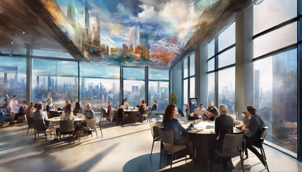 An artist's rendering of a restaurant in a skyscraper.