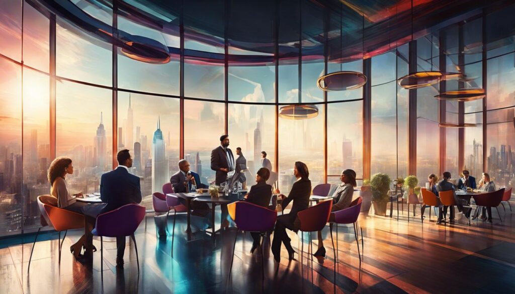 People are sitting at tables in a restaurant with a view of the city.