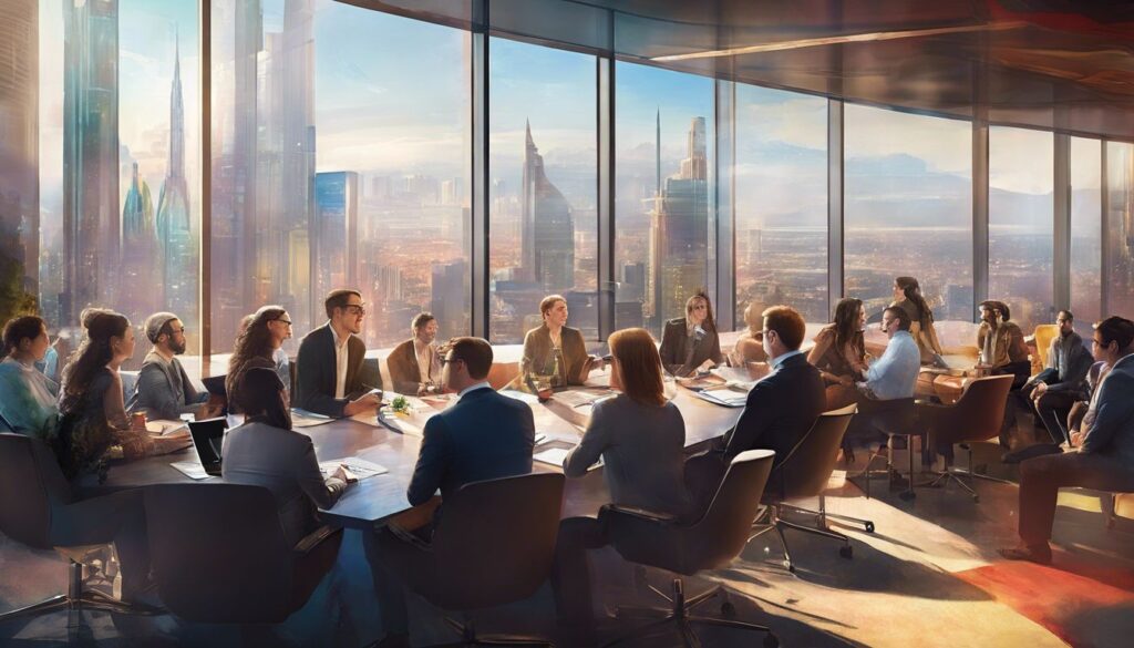 A group of people sitting around a table in a conference room.