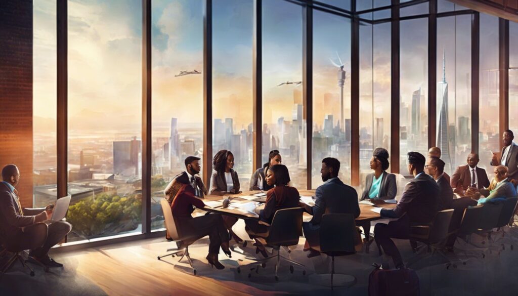 A group of people sitting around a table in a conference room.