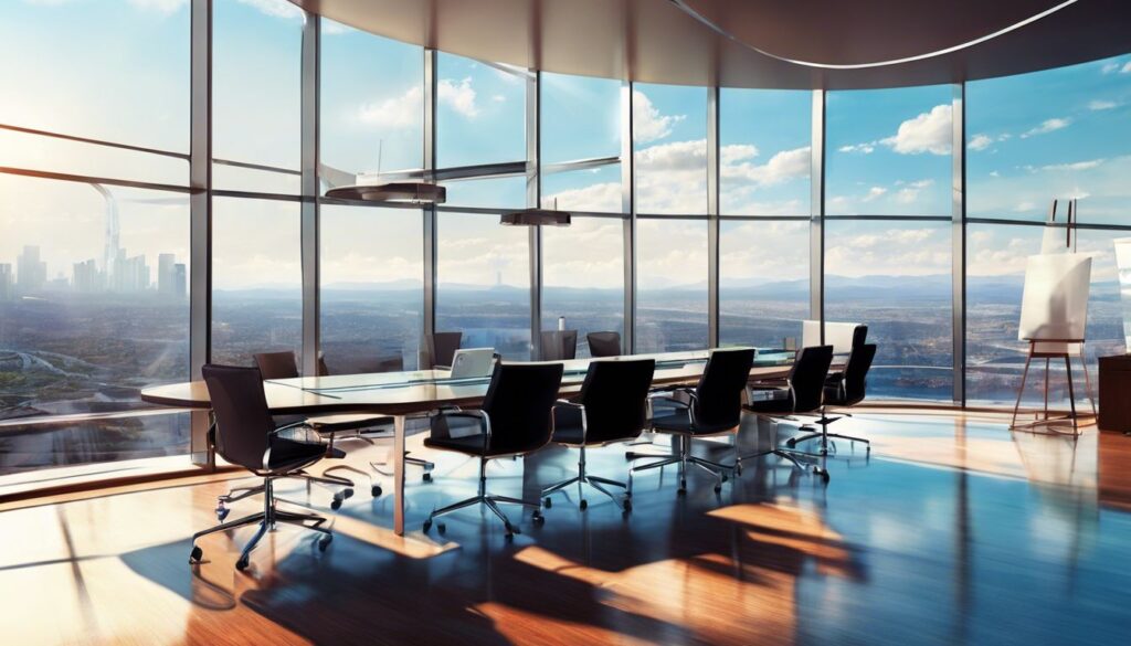 A conference room with large windows overlooking a city.