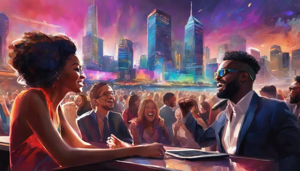 A painting of two people at a bar in a city.
