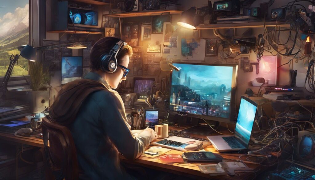 A man sitting at a desk with a laptop and a monitor.