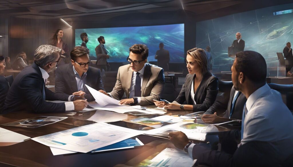 A group of business people sitting around a table.