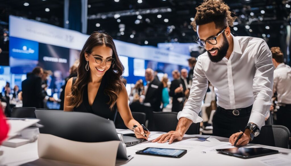 Two people working on a laptop at a conference table.