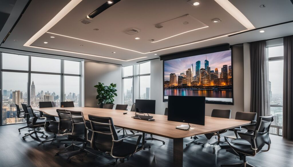 A conference room with a large screen showing a city view.