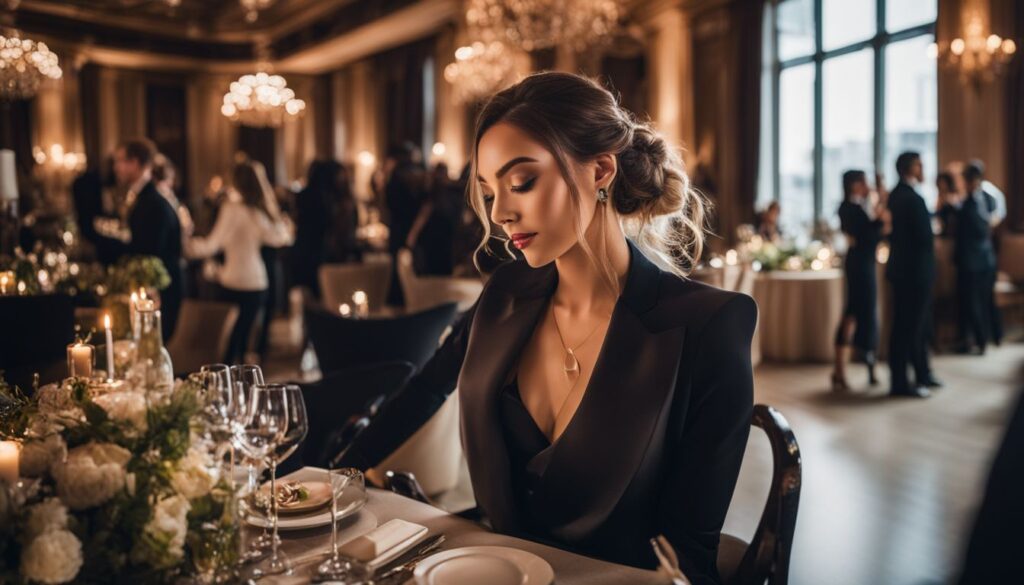 A woman sitting at a table in a black suit.
