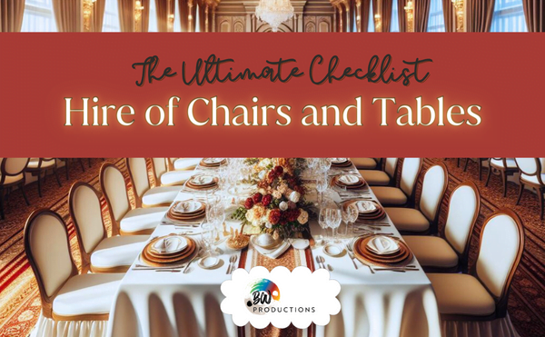 Elegant dining setup with a long table, white tablecloth, and neatly arranged tableware in an opulent room. Text overlay: "The Ultimate Checklist for Event Seating. BW Productions.