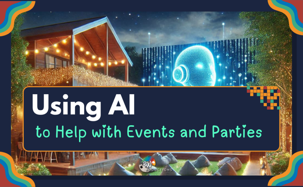 Outdoor event setting with string lights, a wooden structure, and a large digital screen displaying a futuristic AI face. Text reads: "Using AI to Help with Events and Parties.