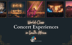 A promotional graphic for BLU Productions featuring four photos of concerts and fireworks, with text: "Producing World-Class Concert Experiences in South Africa.