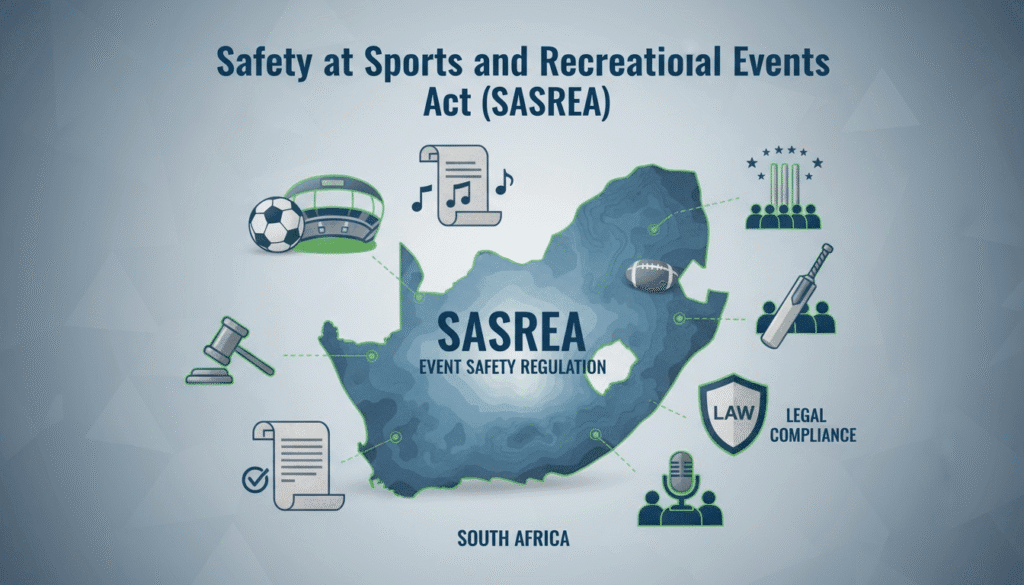 Map of South Africa labeled "SASREA Event Safety Regulation," surrounded by icons for sports, music, law, tickets, and compliance, illustrating the Safety at Sports and Recreational Events Act (Act 2 of 2010).
