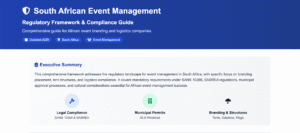 Screenshot of a webpage titled "South African Event Management," showing a compliance guide overview with sections on legal compliance, municipal permits, and branding & structures.