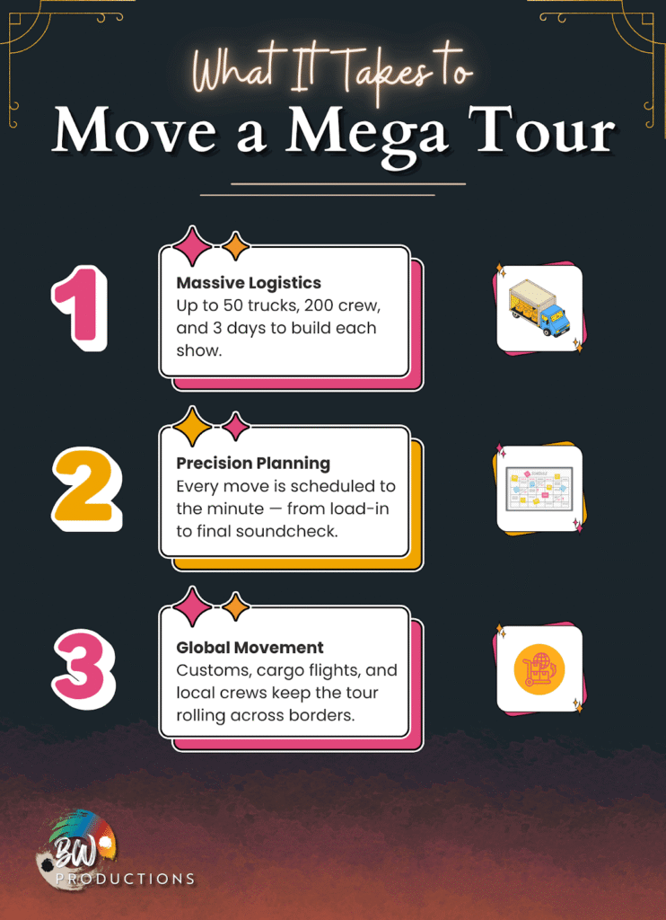 Infographic titled "What It Takes to Move a Mega Tour" lists logistics, precision planning, and global movement as key components in touring.