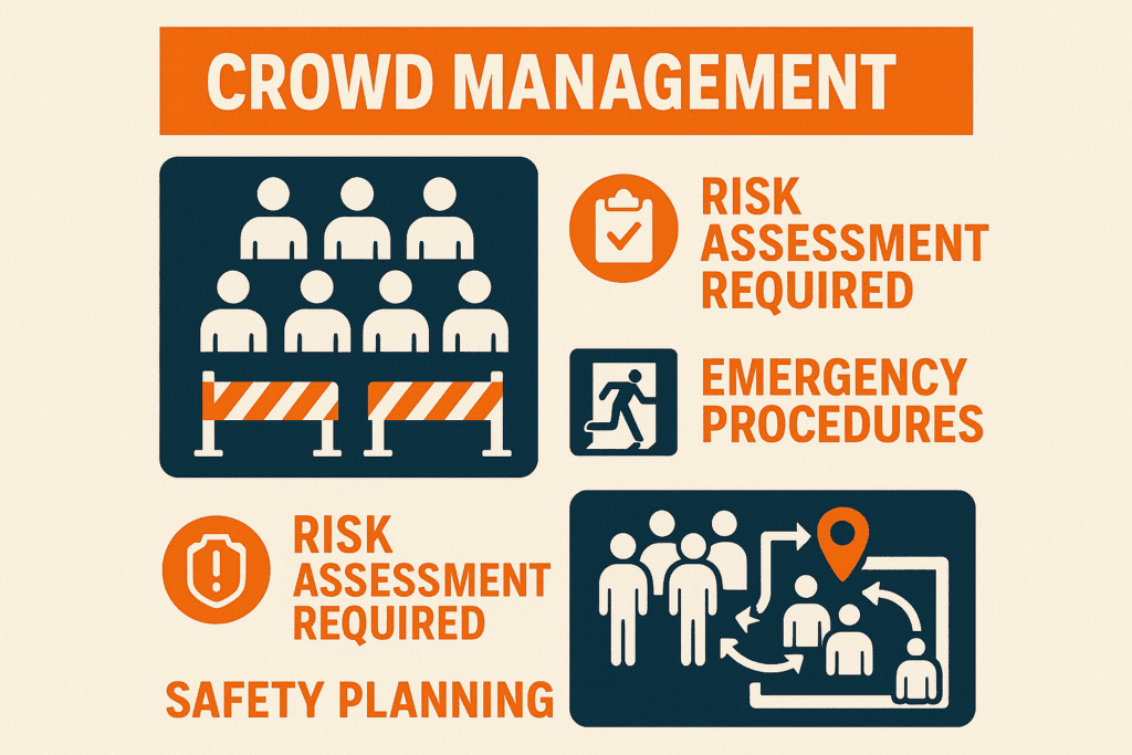 Infographic on crowd management illustrating SASREA (2010) compliance, with icons for risk assessment, emergency procedures, and safety planning. Bold text highlights key requirements of the Safety at Sports and Recreational Events Act.