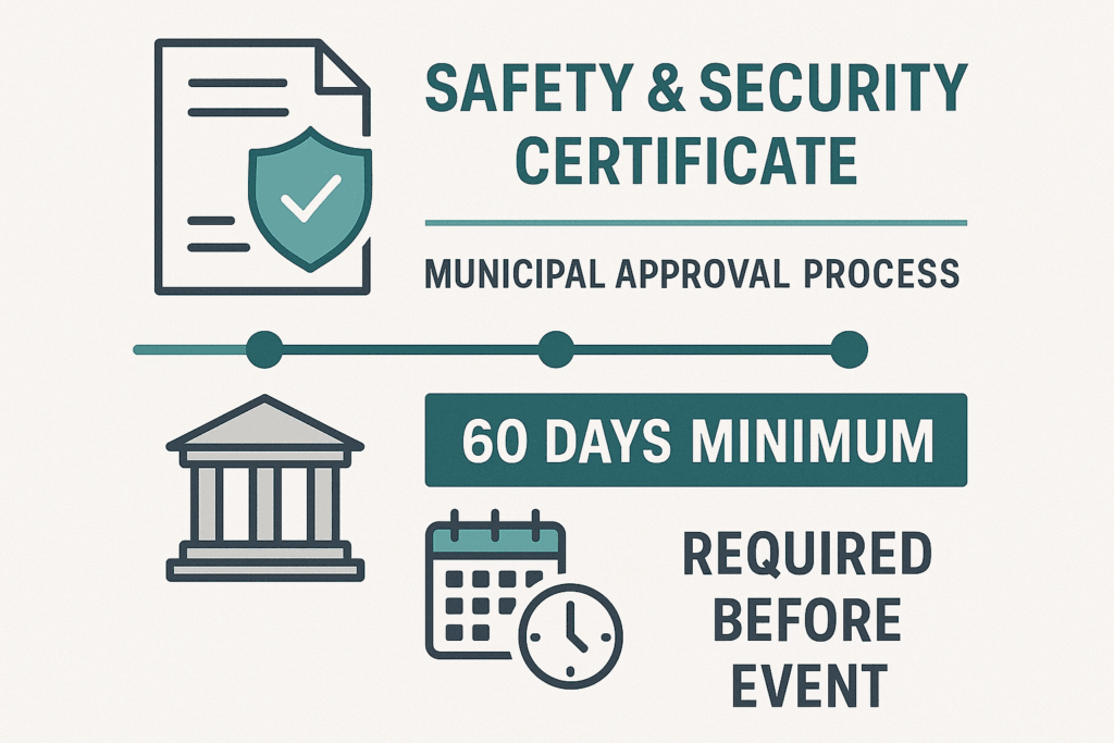 Infographic illustrating a safety and security certificate, as required by the Safety at Sports and Recreational Events Act, 2010 (SASREA), showing the municipal approval process with a minimum 60-day application period before an event.