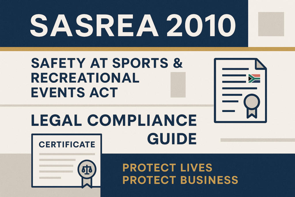 SASREA 2010 Legal Compliance Guide cover featuring icons of a certificate and official document, promoting safety at sports and recreational events in line with the Safety at Sports and Recreational Events Act (SASREA), 2010.